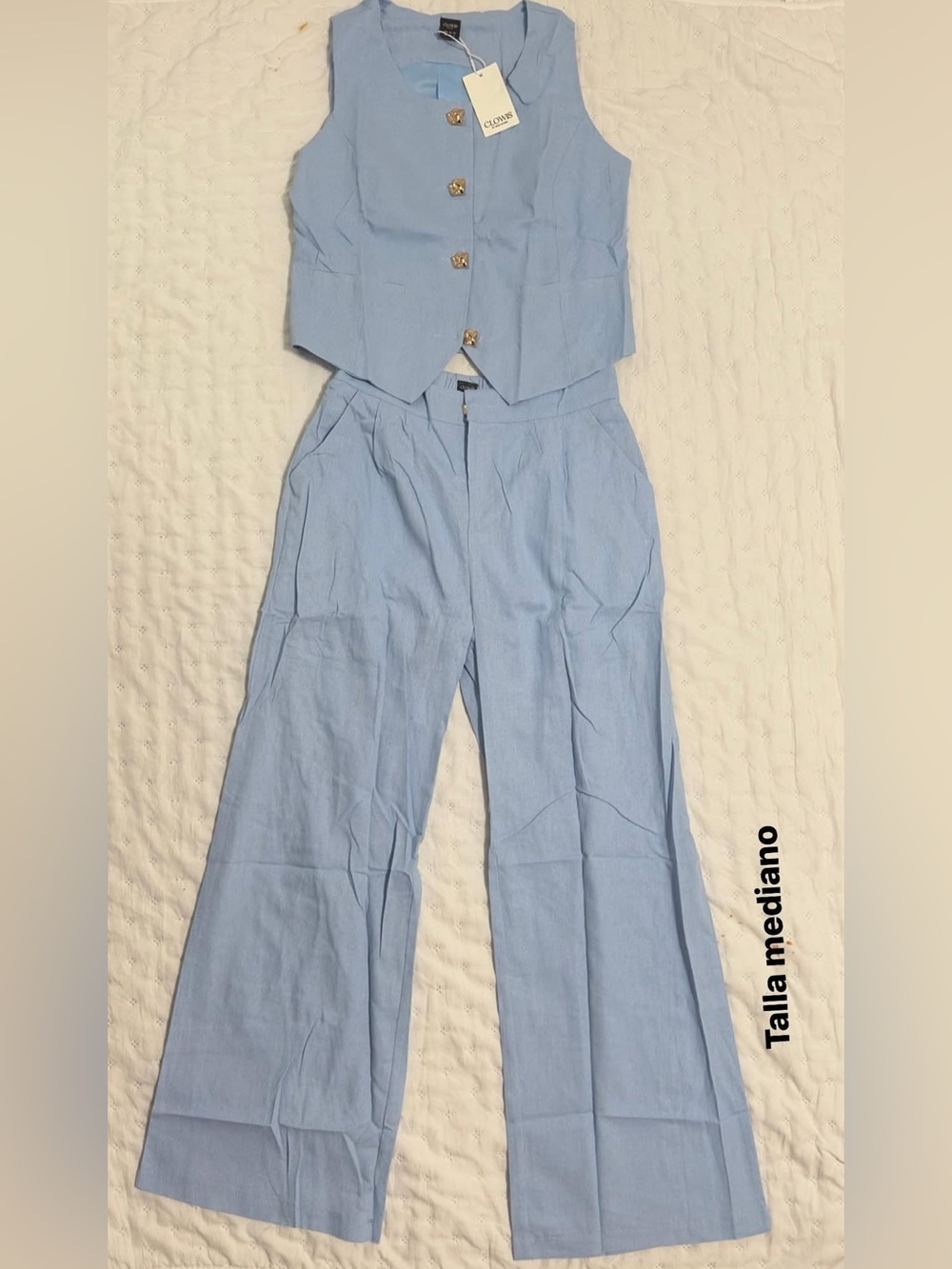 Light Blue Two-Piece Vest & Wide-Leg Pant Set